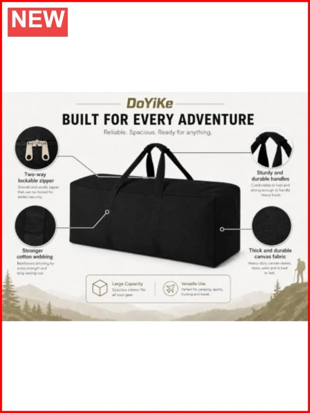 Extra Large Canvas Travel Duffle Bag Heavy Duty Sports Duffel 100L Side Opening